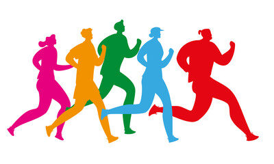 Fototapeta na wymiar People run. Running man and woman. Vector silhouette illustration. Marathon race. Flat cartoon characters isolated on white background.