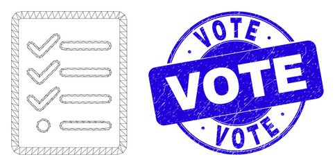 Web mesh task list page icon and Vote seal stamp. Blue vector rounded scratched seal with Vote phrase. Abstract carcass mesh polygonal model created from task list page icon.