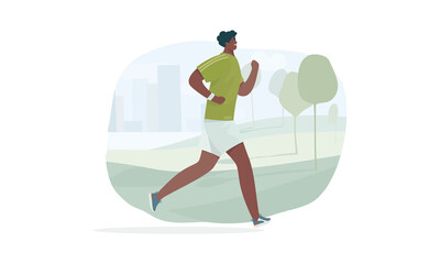 People run. Running man in morning park. Marathon race. Flat cartoon character. Vector illustration.