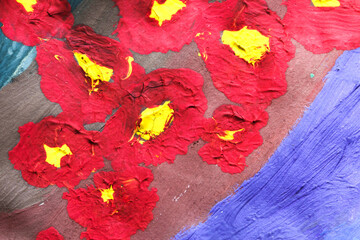 Abstract color background drawn paints with red flowers