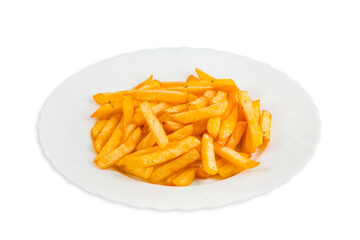 French fries on a plate, isolated on white background