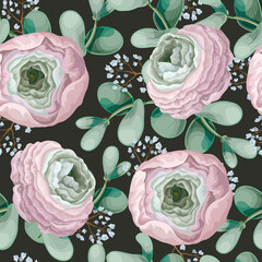 Seamless pattern with delicate ranunculus, eucalyptus and wild flowers . Vector.