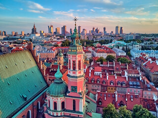 Beautiful panoramic aerial drone view on Warsaw Old town (POL: Stare Miasto) with modern...
