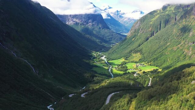 Aerial view of the landscape of valleys, plains, fjords, valleys, plains, hills and mountains in Norway.