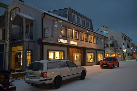 Streets of the city in the winter in the polar night