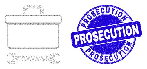 Web mesh toolbox wrench pictogram and Prosecution seal. Blue vector round textured stamp with Prosecution caption. Abstract carcass mesh polygonal model created from toolbox wrench pictogram.