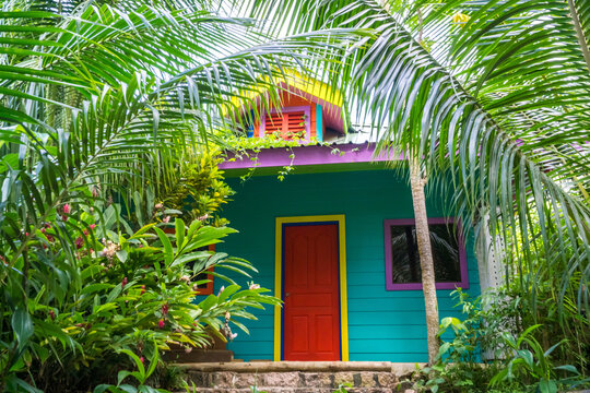 multicolored tropical house in the tropical nature of La digue island, Seychelles.