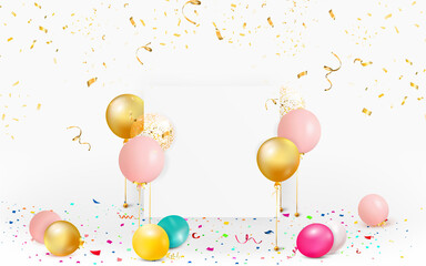 Set of colorful balloons with empty space for text. Celebrate a birthday, Poster, banner happy anniversary. Realistic decorative design elements. Festive background with confetti flying on the floor.