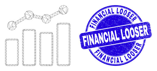 Web mesh trend charts pictogram and Financial Looser watermark. Blue vector round grunge watermark with Financial Looser text. Abstract frame mesh polygonal model created from trend charts pictogram.