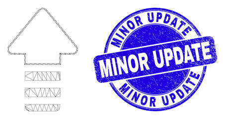 Web mesh update arrow icon and Minor Update stamp. Blue vector round grunge stamp with Minor Update message. Abstract carcass mesh polygonal model created from update arrow icon.