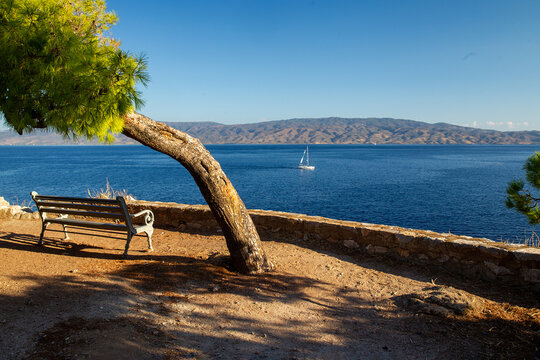 bench for observing the sea and ships sailing and mainland Greece
