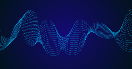 Abstract music wave of many lines. Curve colored lines on blue background. Vector dynamic wavy stripes.
