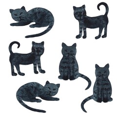 Watercolor set black cats on white background. Cats collection, silhouette. Dsign elements. 