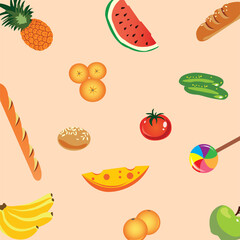 Pattern of food: watermelon, cheese, bun, cucumbers, oranges, tomato, bananas, apple, pineapple, bread, lollipop vector