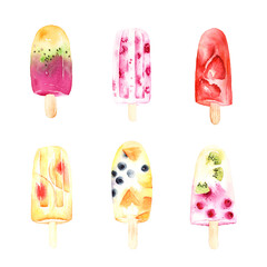 Watercolor ice cream set with fruits and berries, bright, fresh and juicy. Colorful illustration ice lolly isolated on white background.
