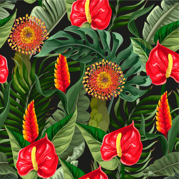 Seamless pattern with anthuriums and tropical leaves. Vector.