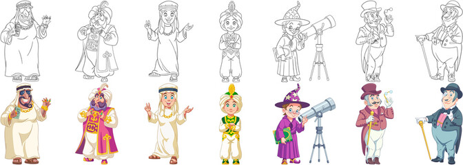 Coloring pages. Cartoon clipart set for kids activity coloring book, t shirt print, icon, logo, label, patch or sticker. Vector illustrations.