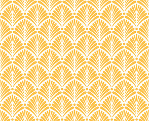Art Deco inspired pattern with stylized palm leaf shape motif in golden yellow color. Elegant floral Art Deco seamless pattern.