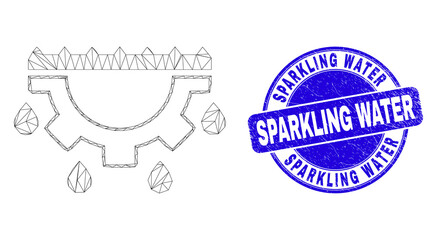 Web carcass water gear drops pictogram and Sparkling Water seal stamp. Blue vector round scratched stamp with Sparkling Water text.
