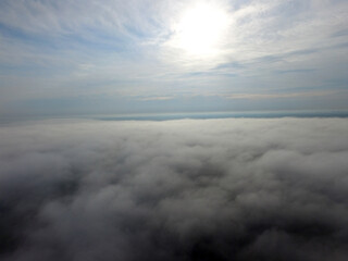 Aerial view of the morning fog (drone image). Near Kiev