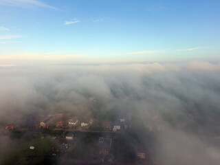 Aerial view of the morning fog (drone image). Near Kiev