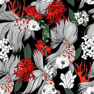 Seamless pattern with fish and flowers in graphic style. Vector. © Yumeee