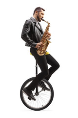 Man riding a unicycle and playing a saxophone