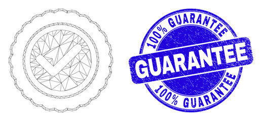 Web carcass approve seal icon and 100% Guarantee seal stamp. Blue vector rounded grunge seal stamp with 100% Guarantee message. Abstract carcass mesh polygonal model created from approve seal icon.