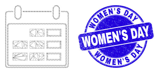 Web carcass calendar page icon and Women'S Day seal stamp. Blue vector rounded scratched seal stamp with Women'S Day message. Abstract frame mesh polygonal model created from calendar page icon.