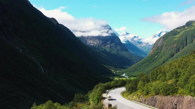 Aerial view of the landscape of valleys, plains, fjords, valleys, plains, hills and mountains in Norway.