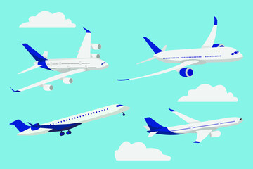 The plane is flying. Plane in the sky among the clouds. Vector illustration of an airplane.