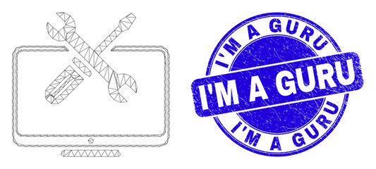 Web mesh desktop tools pictogram and I'M a Guru seal stamp. Blue vector round scratched seal stamp with I'M a Guru message. Abstract carcass mesh polygonal model created from desktop tools icon.