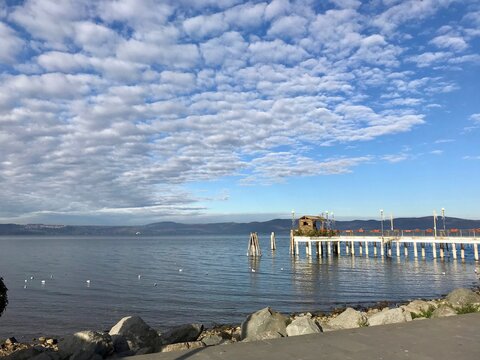 View of Anguillara pier with the crib house