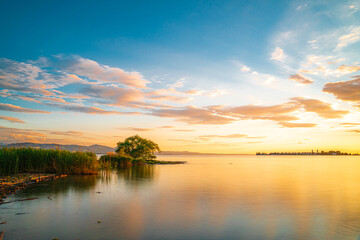 Fototapeta na wymiar bezaubernder, romantischer Blick auf die Insel Lindau bei Sonnenuntergang mit Schilfgebiet und Vorgelbrutinsel im Abendlicht unter blauem Himmel mit glatter Wasserfläche (soft)