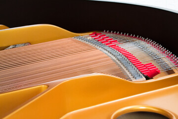Inside the grand pinao showing the strings and harmonic board