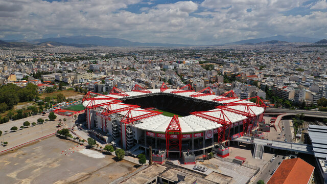 Aerial drone photo of famous stadium of Olympiakos known as Karaiskaki stadium, Piraeus, Attica, Greece