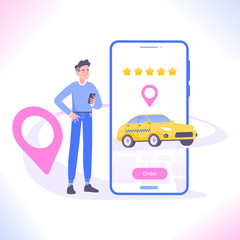 Online taxi ordering application concept. Call a taxi by using mobile app. Man standing near smartphone screen with navigation map and location pin and ordering taxi, vector illustration