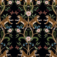 Fototapety  Seamless pattern with peony bushes and tigers in chinoiserie style. Vector.