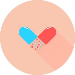 Essential vitamin and mineral complex in circle icon with long shadows. Vector creative design vitamin pill capsule. Multi Vitamin complex icons. Multivitamin supplement. Diet Infographic poster. 