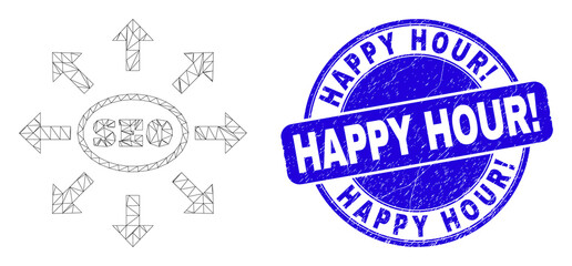 Web mesh seo distribution arrows pictogram and Happy Hour! watermark. Blue vector rounded distress seal stamp with Happy Hour! title.