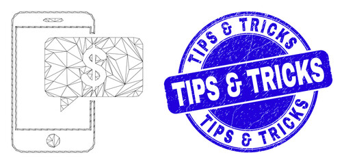 Web mesh smartphone bank message icon and Tips & Tricks seal stamp. Blue vector rounded textured seal stamp with Tips & Tricks text.
