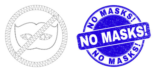 Web carcass stop privacy pictogram and No Masks! watermark. Blue vector round textured seal stamp with No Masks! text. Abstract carcass mesh polygonal model created from stop privacy pictogram.