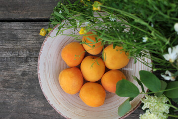 Ripe fresh apricots in a white vintage bowl on a rustic wooden table decorated with acacia flowers, elderberries and herbs. Summer composition