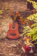 Autumn picnic in the park. A guitar stands near a wicker fence entwined with autumn leaves
