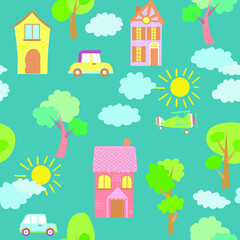 Fototapeta premium Seamless vector pattern of children's drawing. House, clouds, trees. Line vector drawing. Drawn by a child. Suitable for children's room decoration, fabric, decor. Doodle style.