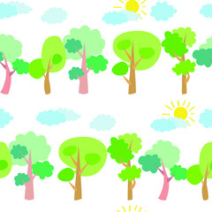 Seamless vector pattern of children's drawing. House, clouds, trees. Line vector drawing. Drawn by a child. Suitable for children's room decoration, fabric, decor. Doodle style.