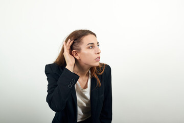 Eavesdropping, espionage, gossip, holding hand near head and looking away, what, relying on...