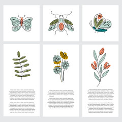 Spring cards with flowers, insects, and text line art