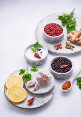 Different Asian spices in small bowls