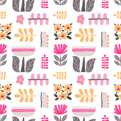 Seamless pattern with cut out style plant and flowers with white background
